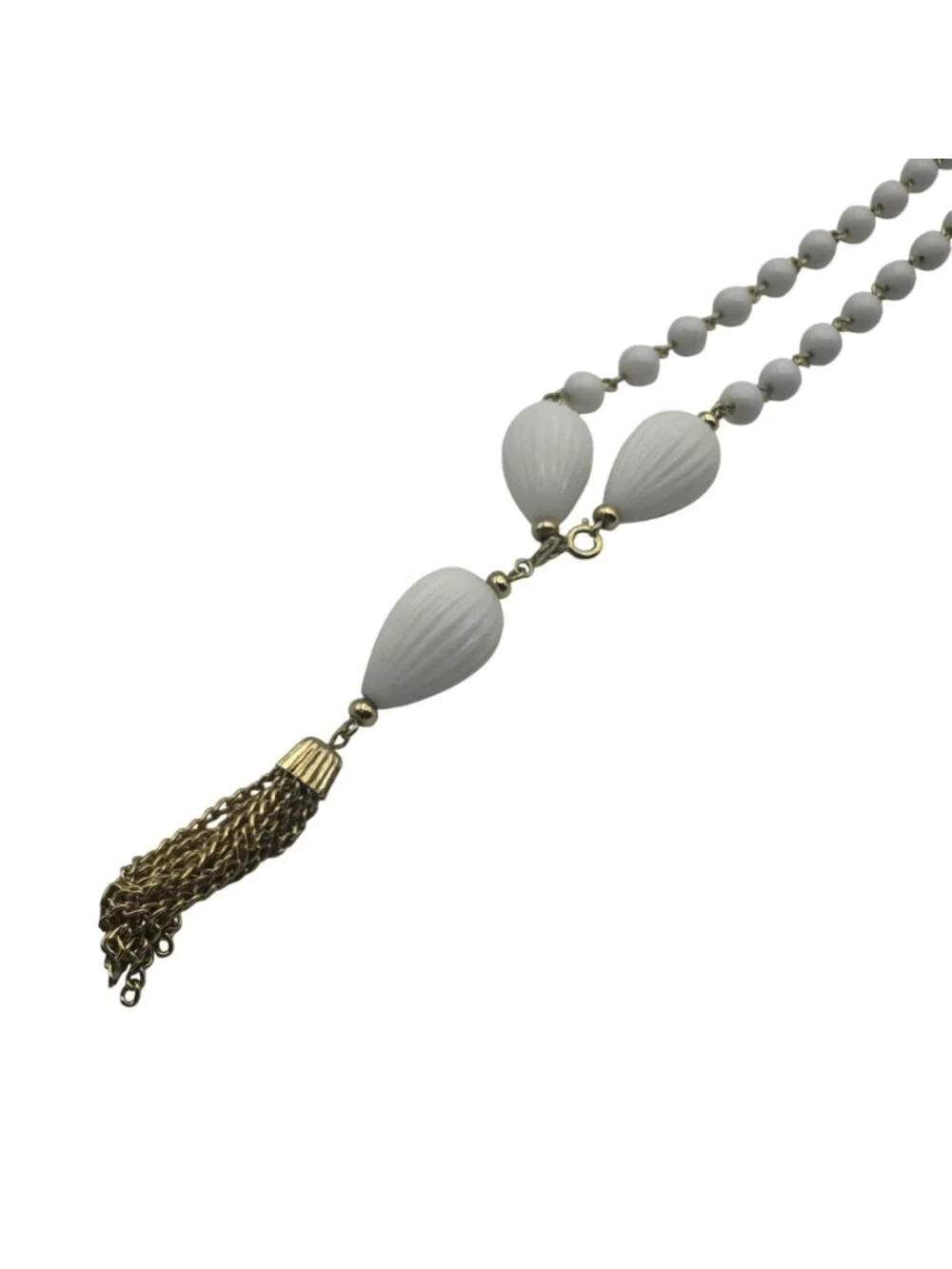 Vintage Beaded Tassel Gold Tone & White Plastic Chain Necklace Unique Design